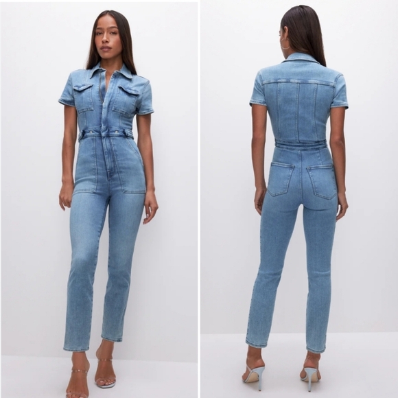 Good American Fit For Success Blue Jean Denim Coveralls Jumpsuit Large - Picture 1 of 6
